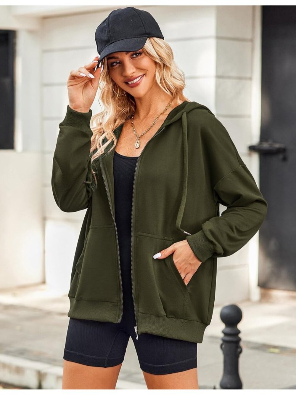 〽️Women's Green Oversized Hoodie Full Zip Lightweight Long Sleeve Casual Jacket - Picture 3 of 6